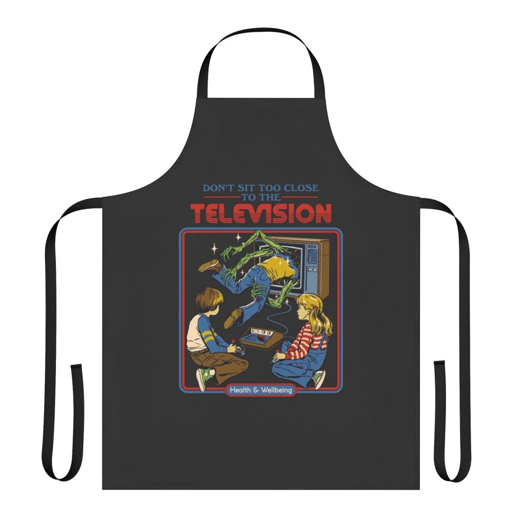Retro video game horror-themed apron with a "Don't Sit Too Close" design