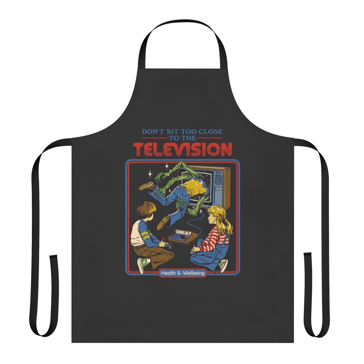 Retro video game horror-themed apron with a "Don't Sit Too Close" design