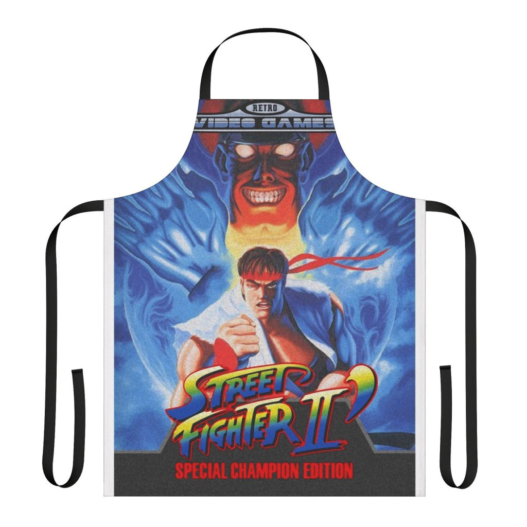 Retro video game inspired apron featuring classic Street Fighter II artwork and designs