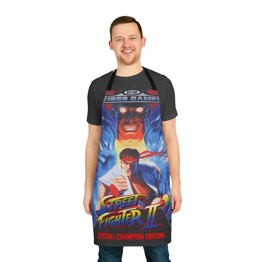 Retro video game inspired apron featuring classic Street Fighter II artwork and designs