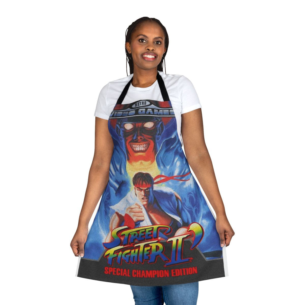 Retro video game inspired apron featuring classic Street Fighter II artwork and designs