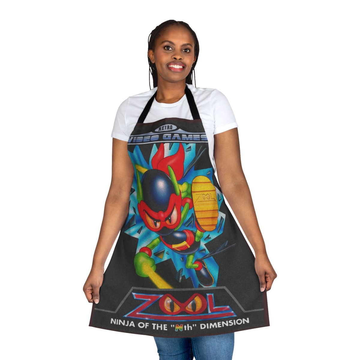 Retro-styled apron featuring a Zool video game inspired design