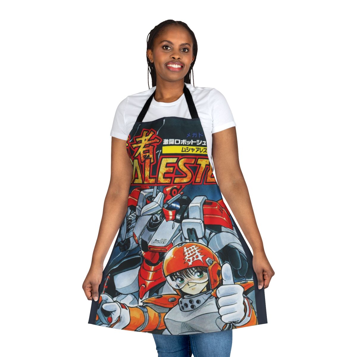 Retro gaming inspired apron featuring the cover art of the classic shoot 'em up game Musha Aleste