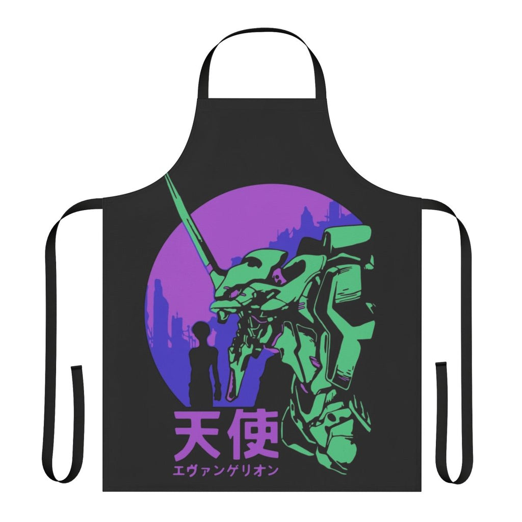 Retro vintage style apron featuring characters and imagery from the anime series Neon Genesis Evangelion.