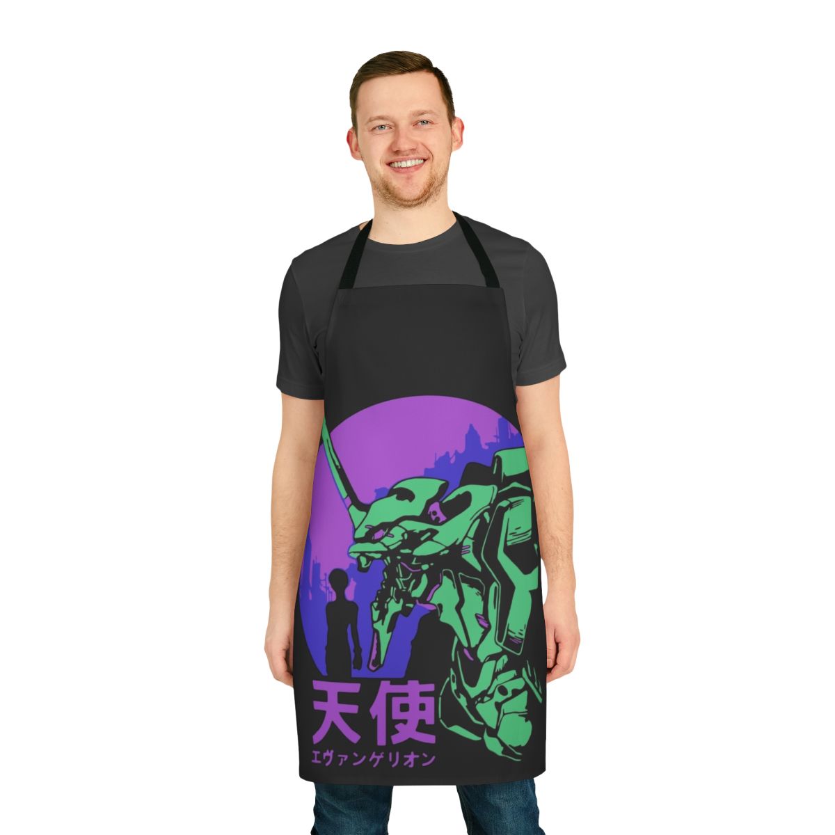 Retro vintage style apron featuring characters and imagery from the anime series Neon Genesis Evangelion.