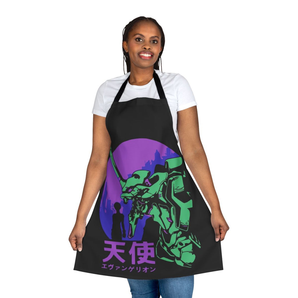 Retro vintage style apron featuring characters and imagery from the anime series Neon Genesis Evangelion.
