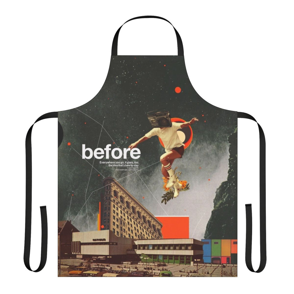 Retro style apron featuring a collage of vintage graphic design and pop art elements