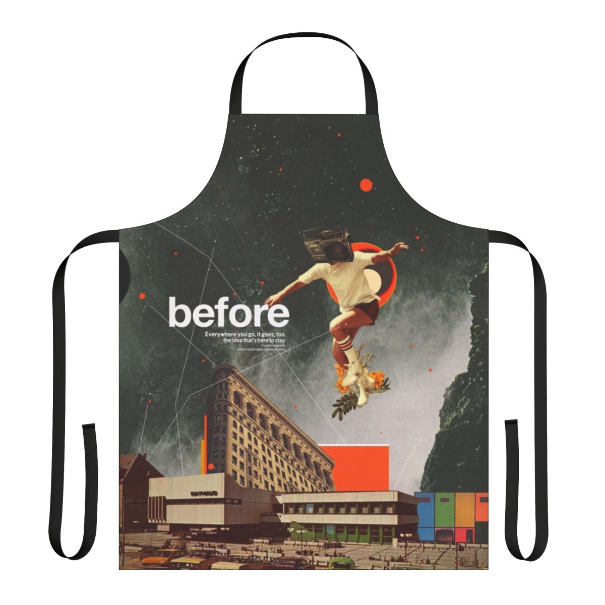 Retro style apron featuring a collage of vintage graphic design and pop art elements