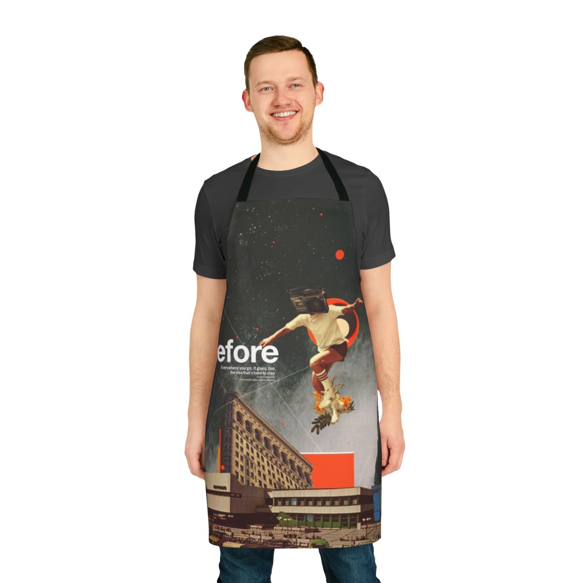 Retro style apron featuring a collage of vintage graphic design and pop art elements