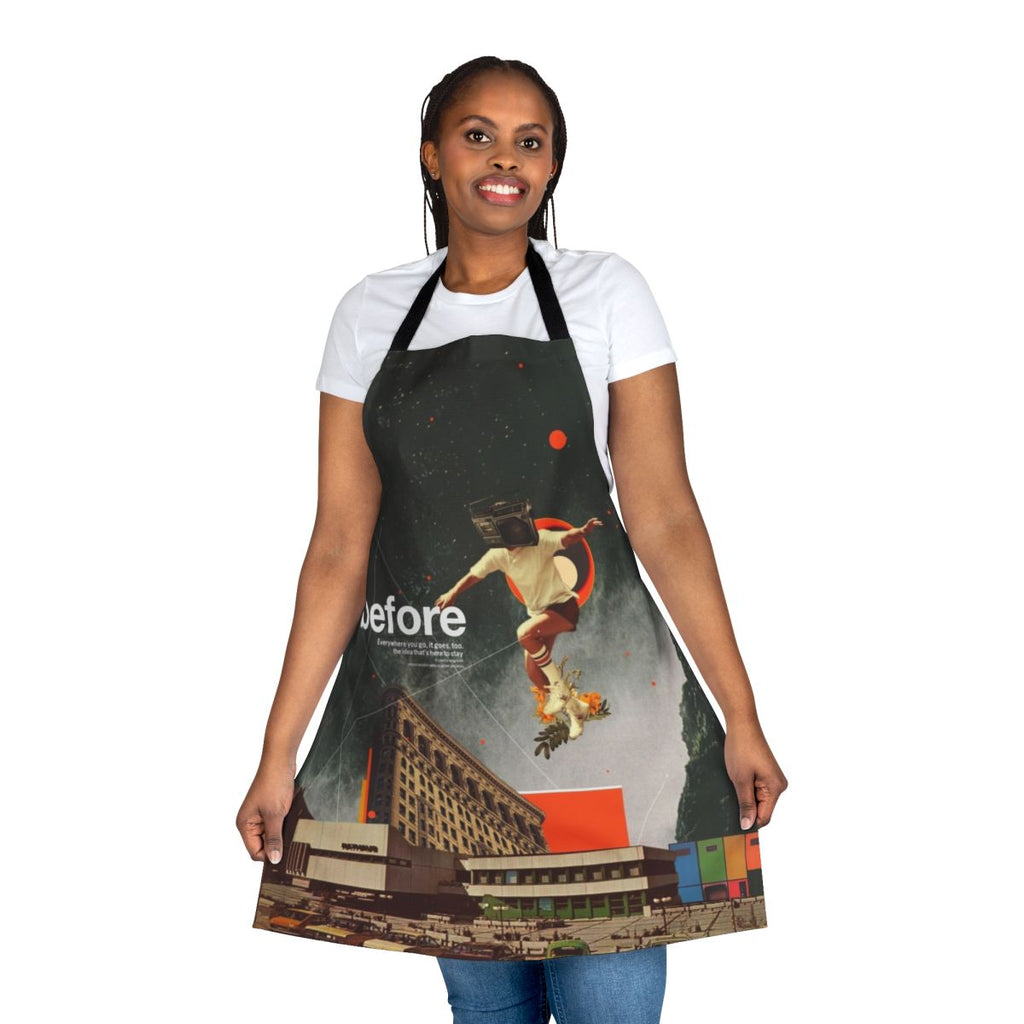 Retro style apron featuring a collage of vintage graphic design and pop art elements