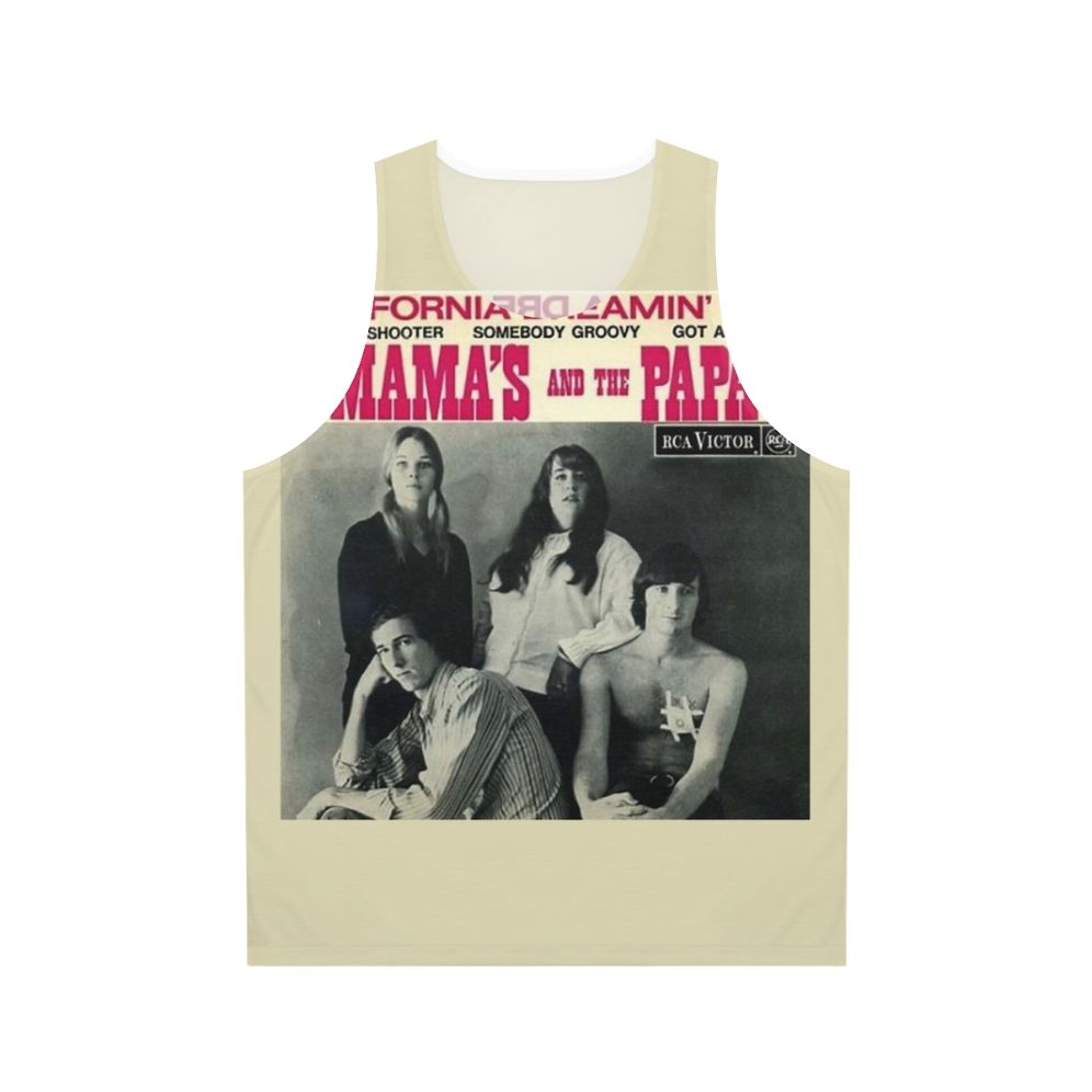 Retro vintage graphic tank top with Mamas and Papas band logo