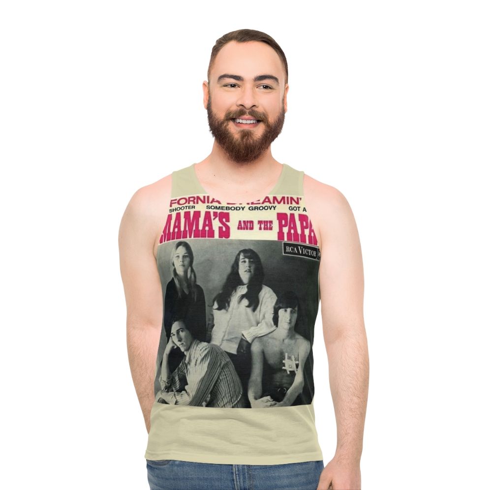 Retro vintage graphic tank top with Mamas and Papas band logo