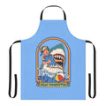 A white apron with a vintage-style illustration of a shark swimming in the ocean, with the text "Stay Positive" printed on it.