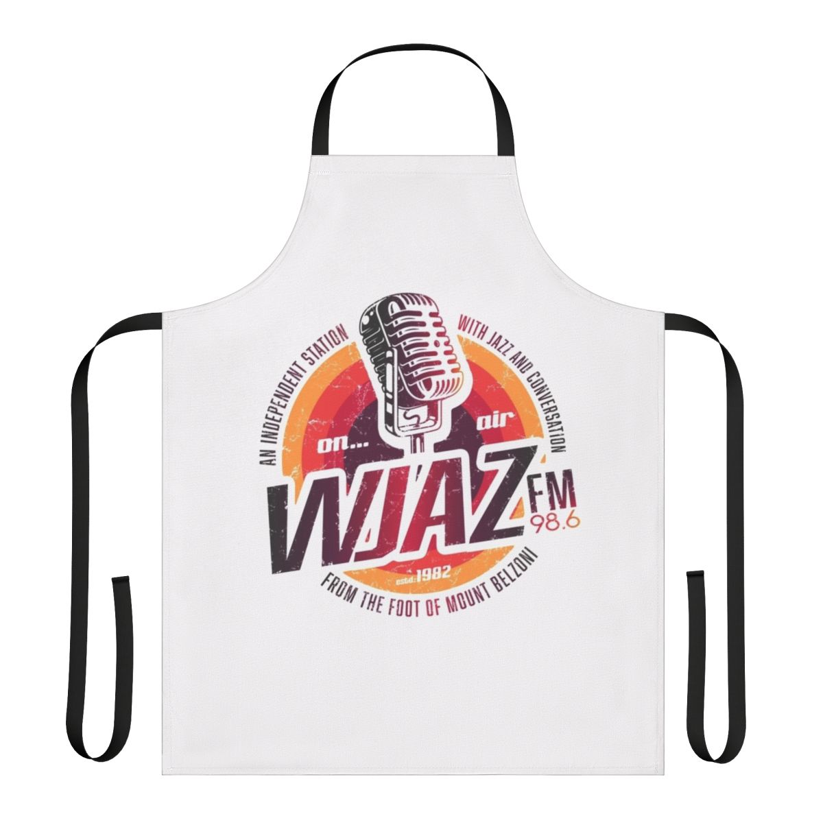 Vintage radio design apron featuring a WJAZ radio logo and inspired by 1970s music and style