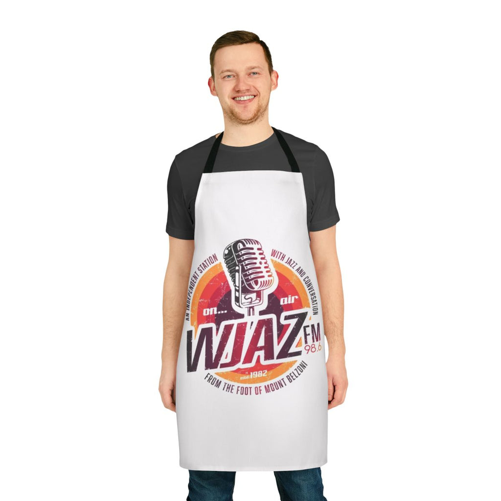 Vintage radio design apron featuring a WJAZ radio logo and inspired by 1970s music and style