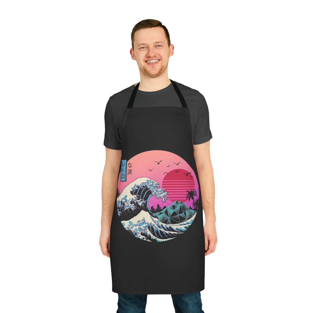 Retro wave patterned apron with Japanese-inspired design