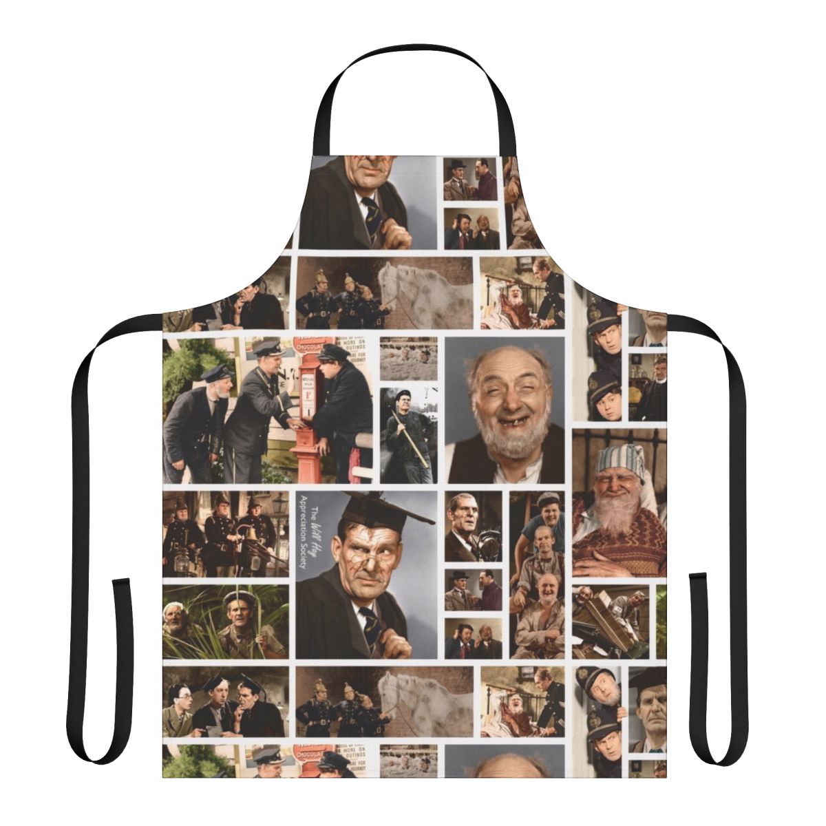 Colorized collage design featuring British comedian Will Hay on a high-quality kitchen apron