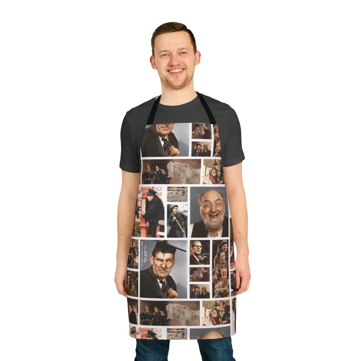 Colorized collage design featuring British comedian Will Hay on a high-quality kitchen apron
