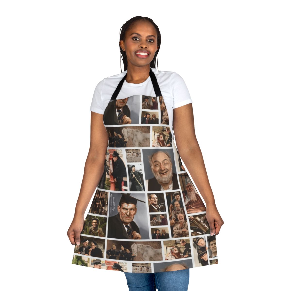 Colorized collage design featuring British comedian Will Hay on a high-quality kitchen apron