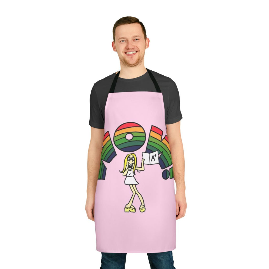 Vintage-inspired apron featuring a "Wow" design in a classic 1970s cartoon style