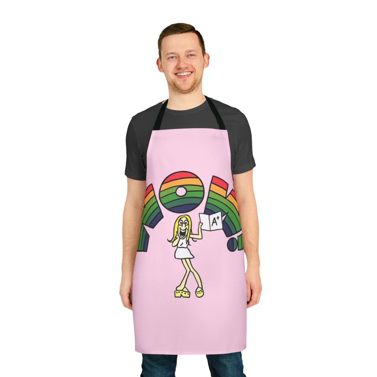 Vintage-inspired apron featuring a "Wow" design in a classic 1970s cartoon style
