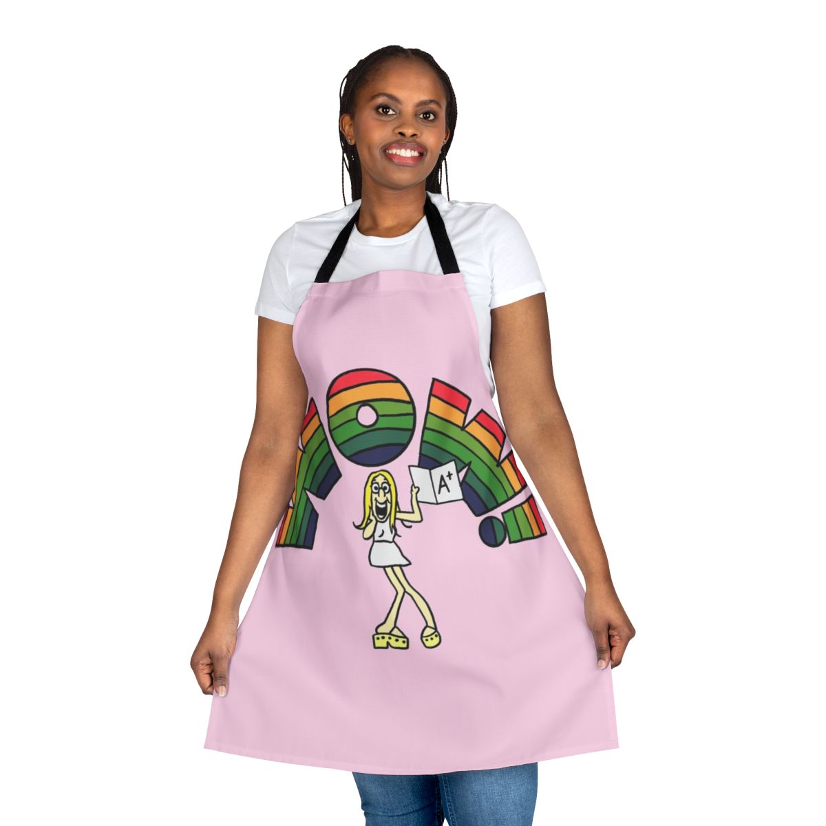 Vintage-inspired apron featuring a "Wow" design in a classic 1970s cartoon style