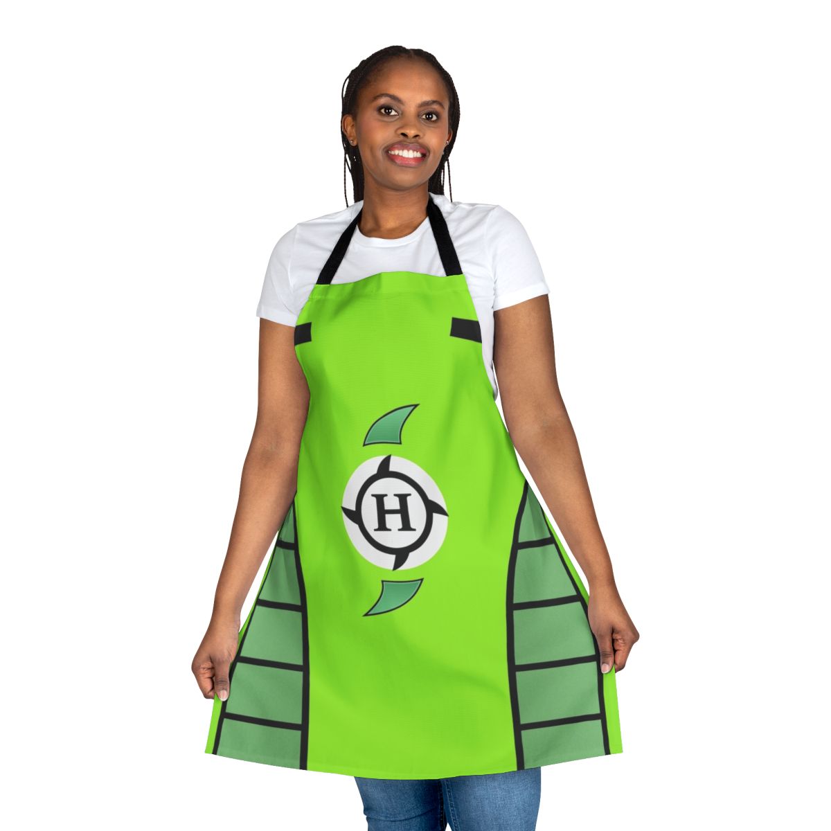 A green and black wrestling-themed apron with a superhero logo design, inspired by classic wrestling attire.