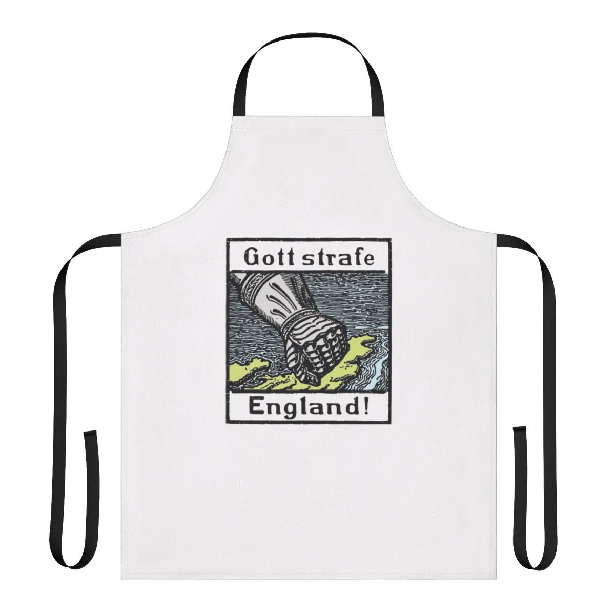 Vintage-style apron featuring the German phrase "Gott Strafe England" referring to World War 1 anti-English sentiment.