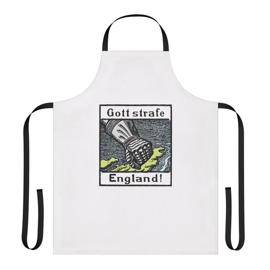 Vintage-style apron featuring the German phrase "Gott Strafe England" referring to World War 1 anti-English sentiment.
