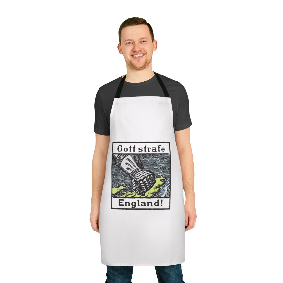Vintage-style apron featuring the German phrase "Gott Strafe England" referring to World War 1 anti-English sentiment.