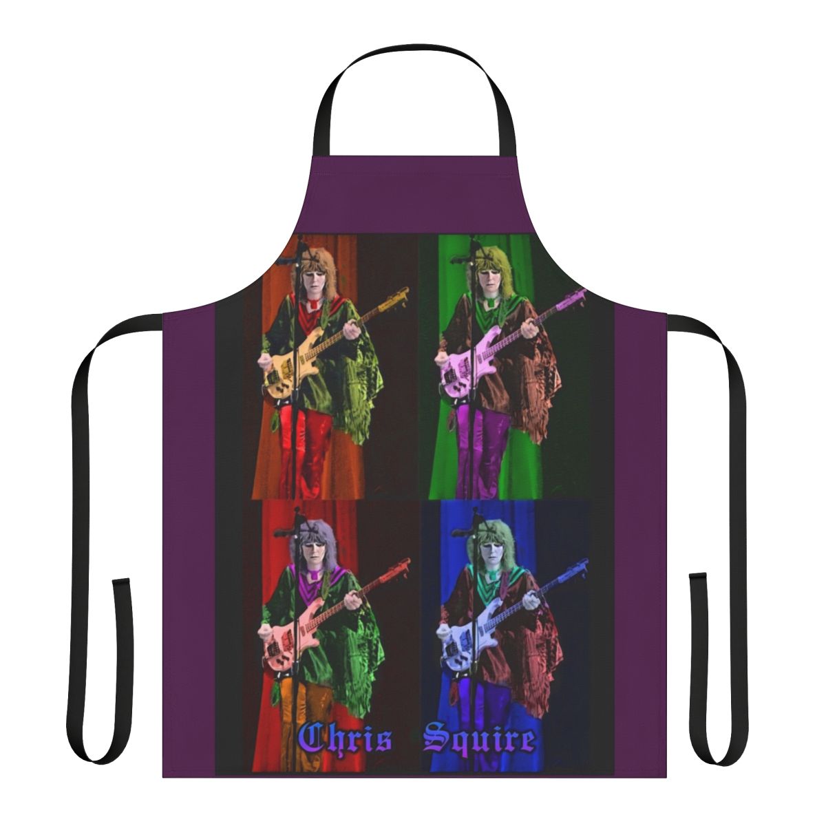 Retro Yes band progressive rock apron featuring Chris Squire's iconic pop art design