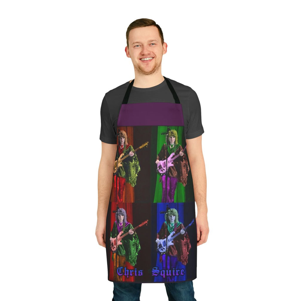 Retro Yes band progressive rock apron featuring Chris Squire's iconic pop art design