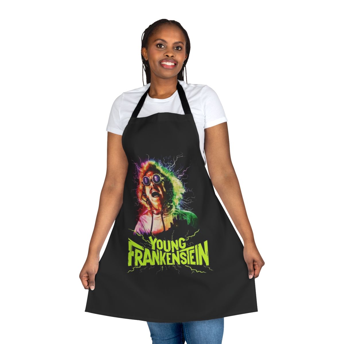 Retro-styled apron featuring the classic comedy horror film Young Frankenstein with Gene Wilder