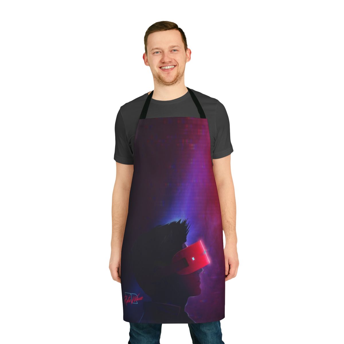 Retrowave inspired apron with a virtual reality, cyberpunk design