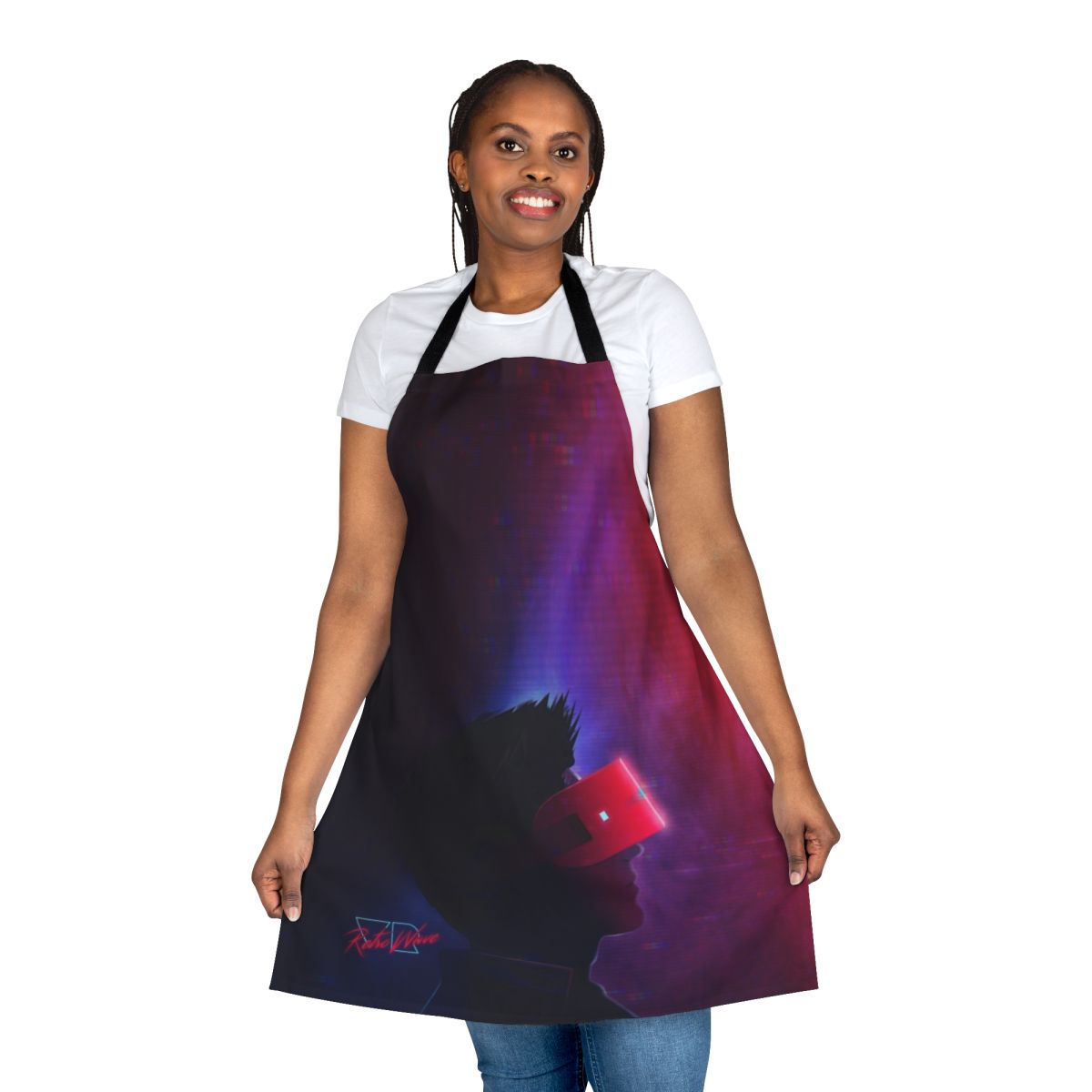 Retrowave inspired apron with a virtual reality, cyberpunk design