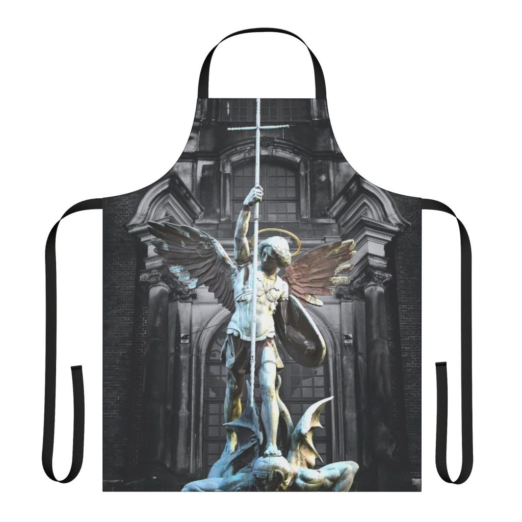 Closeup of an apron featuring a detailed illustration of St. Michael the Archangel, a highly revered Catholic saint.