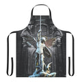 Closeup of an apron featuring a detailed illustration of St. Michael the Archangel, a highly revered Catholic saint.