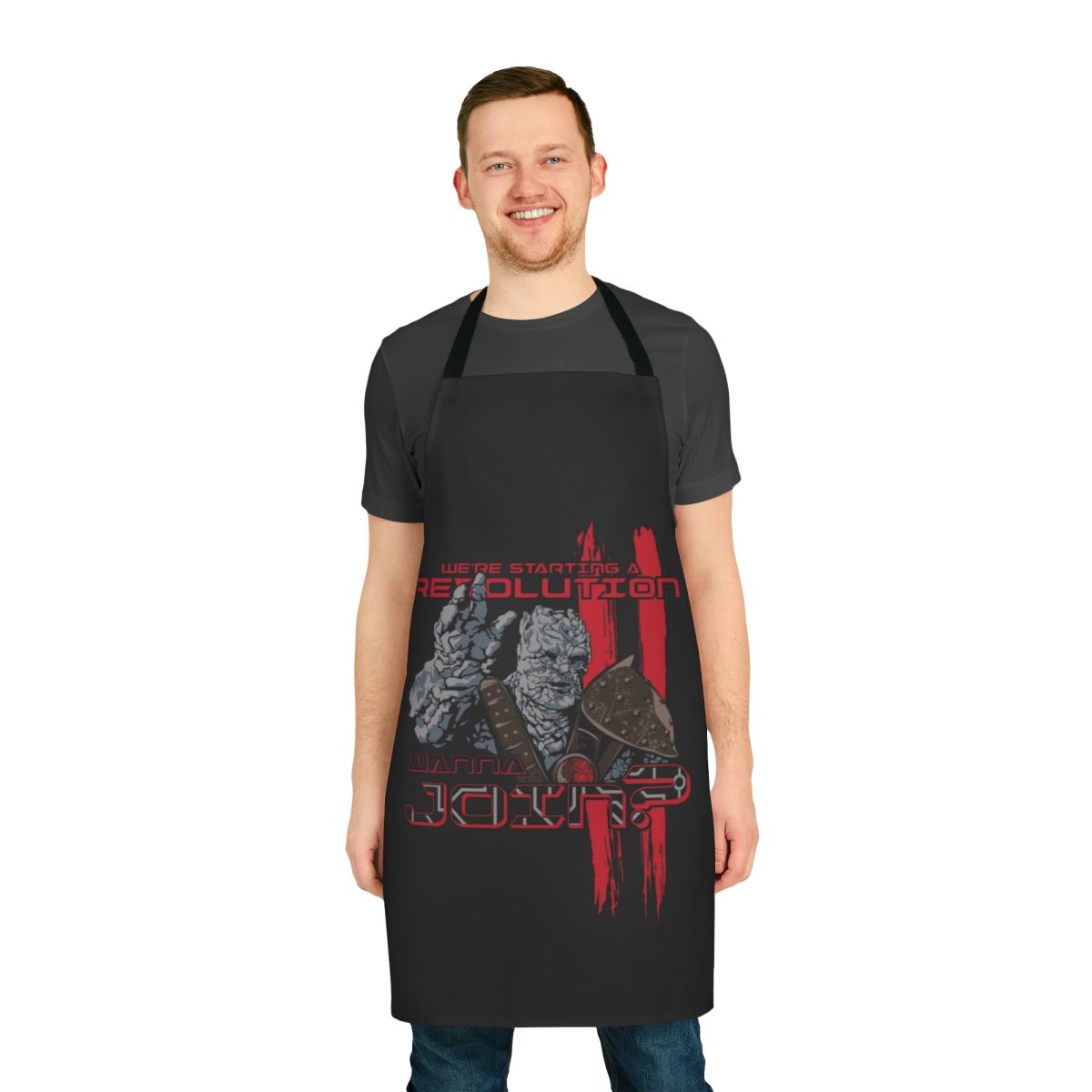 Revolting kitchen apron featuring Korg from the Marvel film Thor: Ragnarok