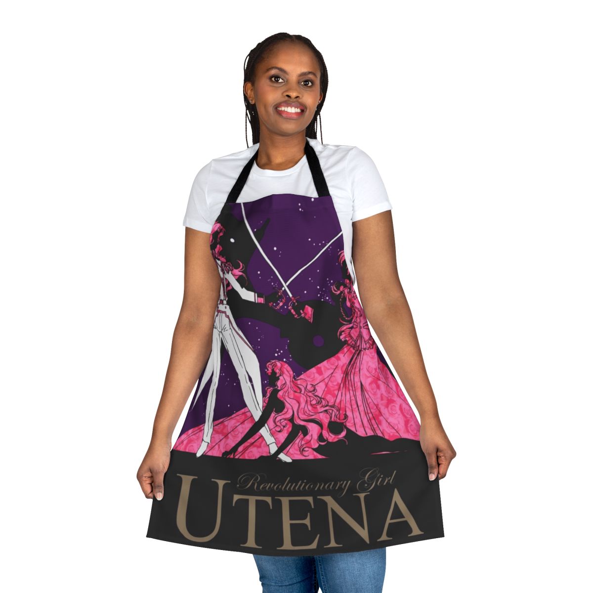 Revolutionary Girl Utena inspired anime apron with sword, prince, and princess motifs