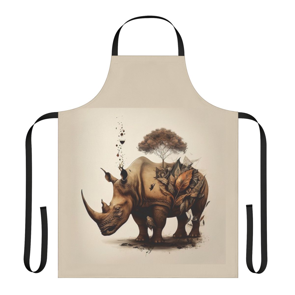 Rhinoceros art apron featuring a beautiful illustration of a rhinoceros surrounded by colorful plants and flowers.