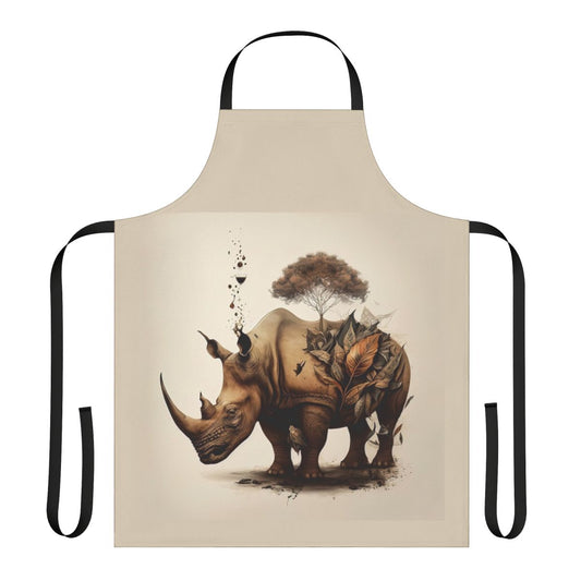 Rhinoceros art apron featuring a beautiful illustration of a rhinoceros surrounded by colorful plants and flowers.