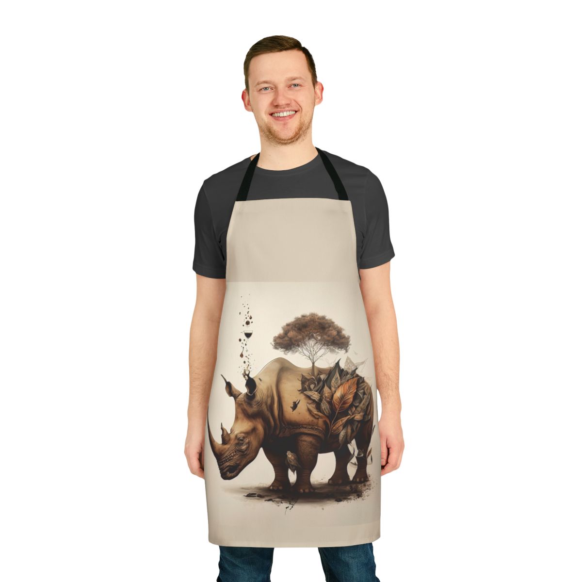 Rhinoceros art apron featuring a beautiful illustration of a rhinoceros surrounded by colorful plants and flowers.