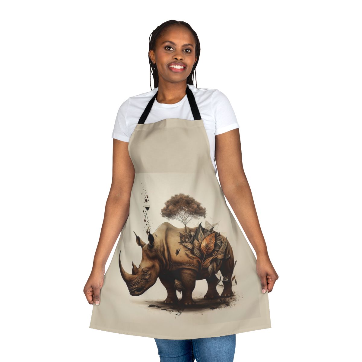 Rhinoceros art apron featuring a beautiful illustration of a rhinoceros surrounded by colorful plants and flowers.