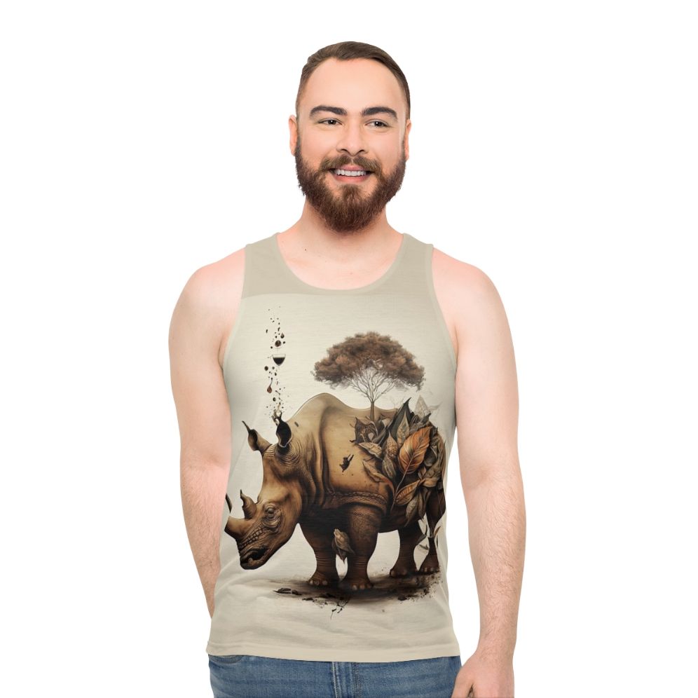 Rhinoceros with floral and botanical graphics on a unisex tank top