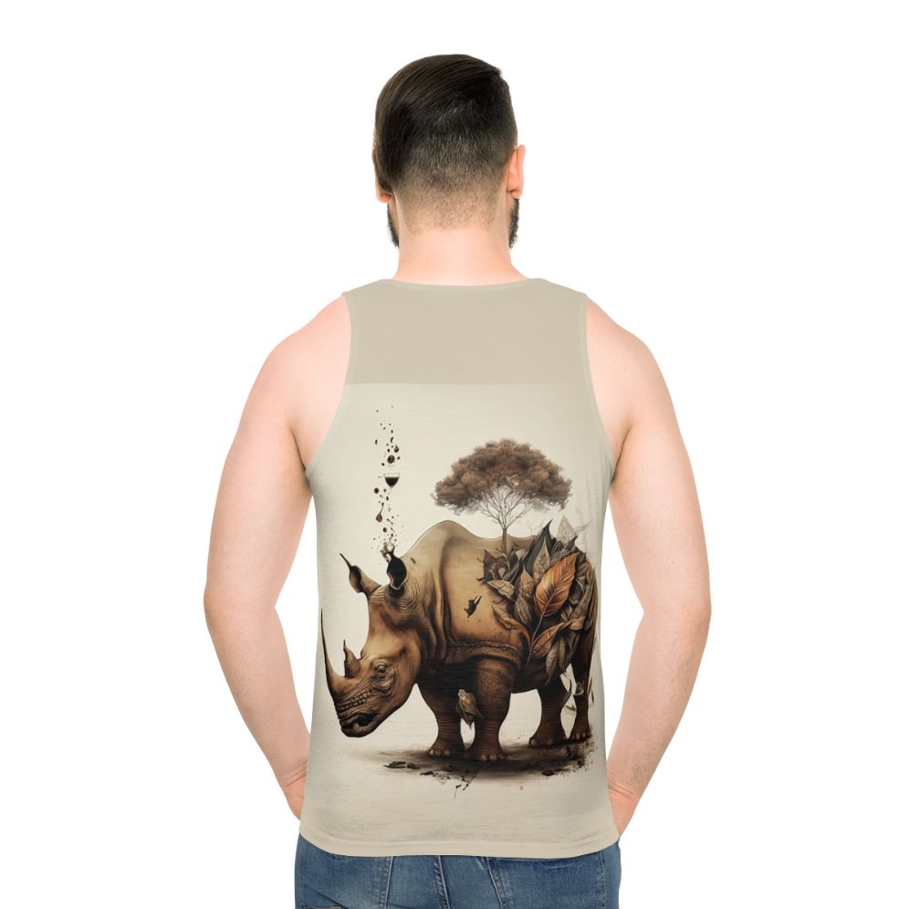 Rhinoceros with floral and botanical graphics on a unisex tank top