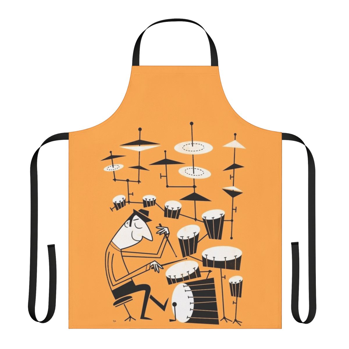 Apron with a funky, retro-inspired graphic of a drum set and the text "Play That Beat"