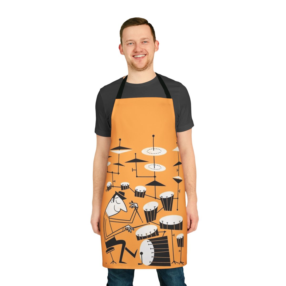 Apron with a funky, retro-inspired graphic of a drum set and the text "Play That Beat"