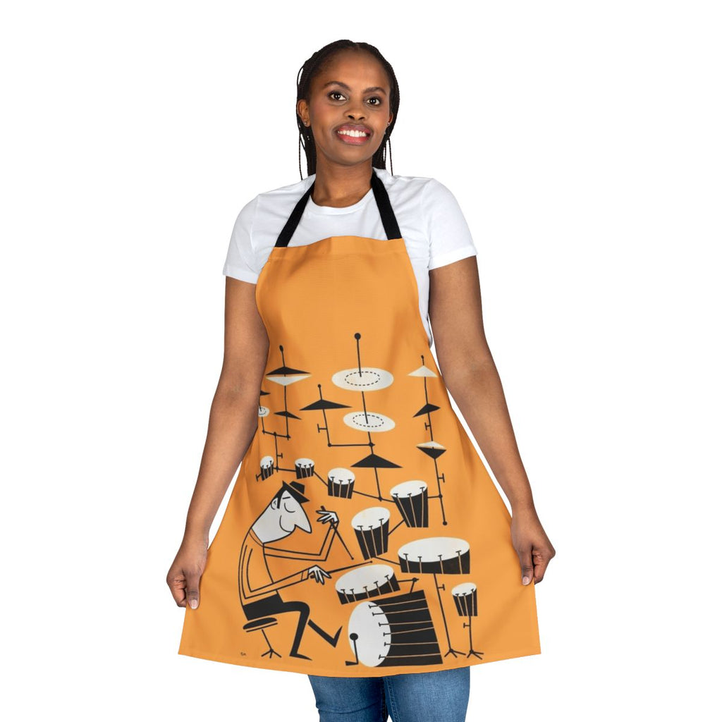 Apron with a funky, retro-inspired graphic of a drum set and the text "Play That Beat"