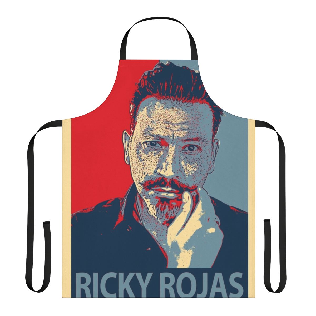 Ricky Rojas-themed apron with stylized design