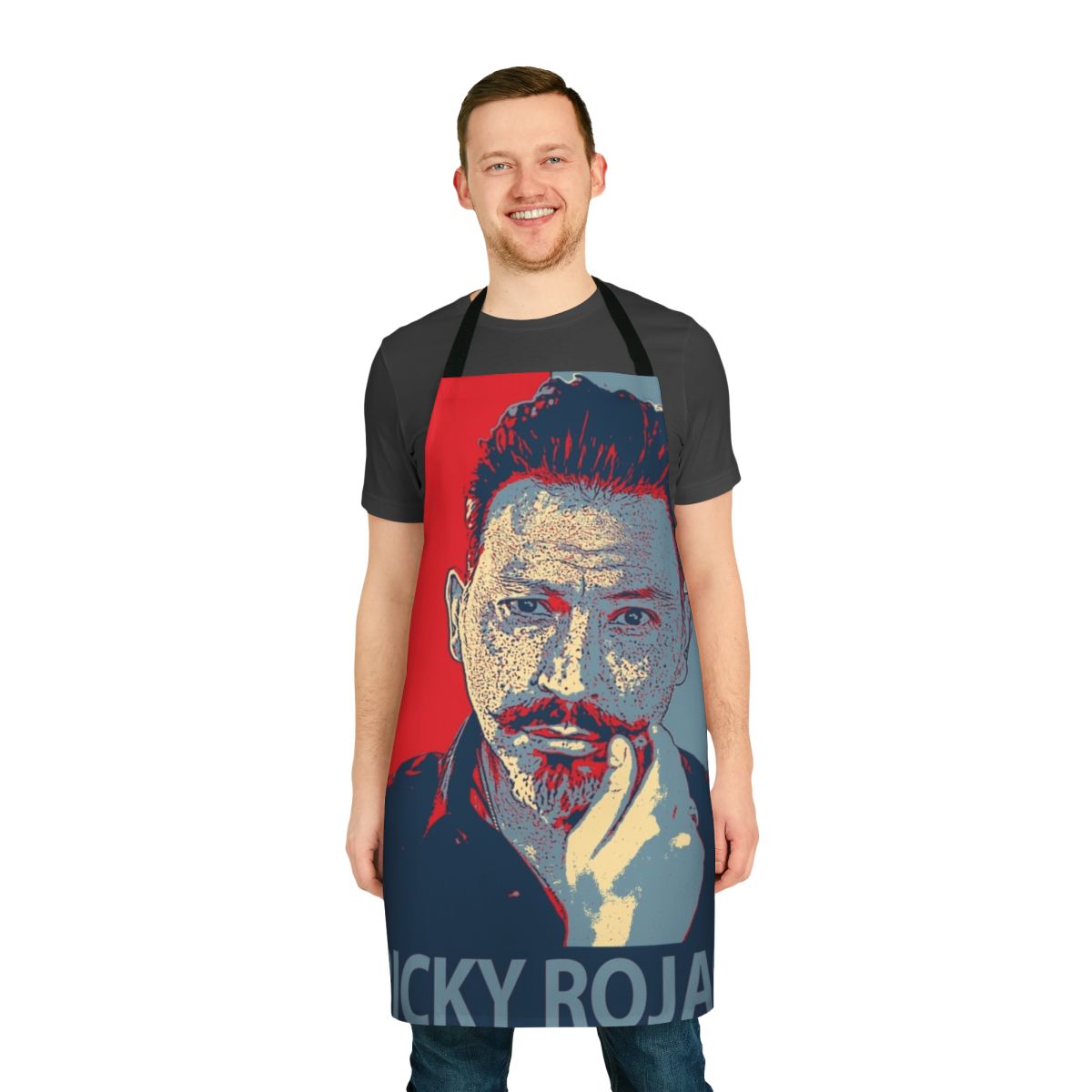 Ricky Rojas-themed apron with stylized design